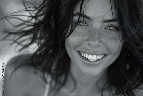 Model is smiling while smiling in black and white