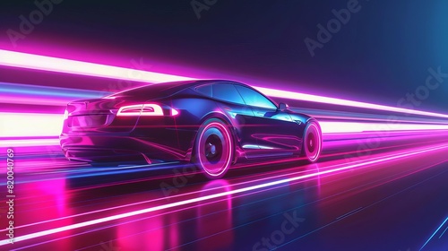 autonomous electric car driving on a futuristic road at night illuminated by vibrant neon lights digital art illustration