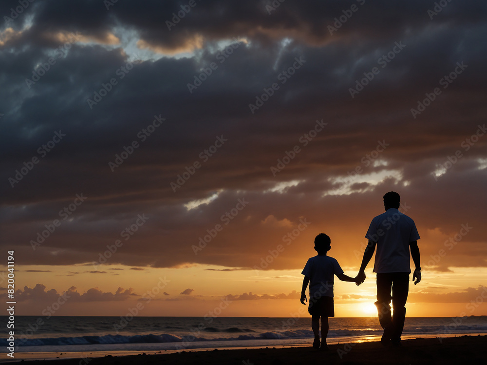 Fototapeta premium Silhouette of father and son walking at sunset, happy Father's Day