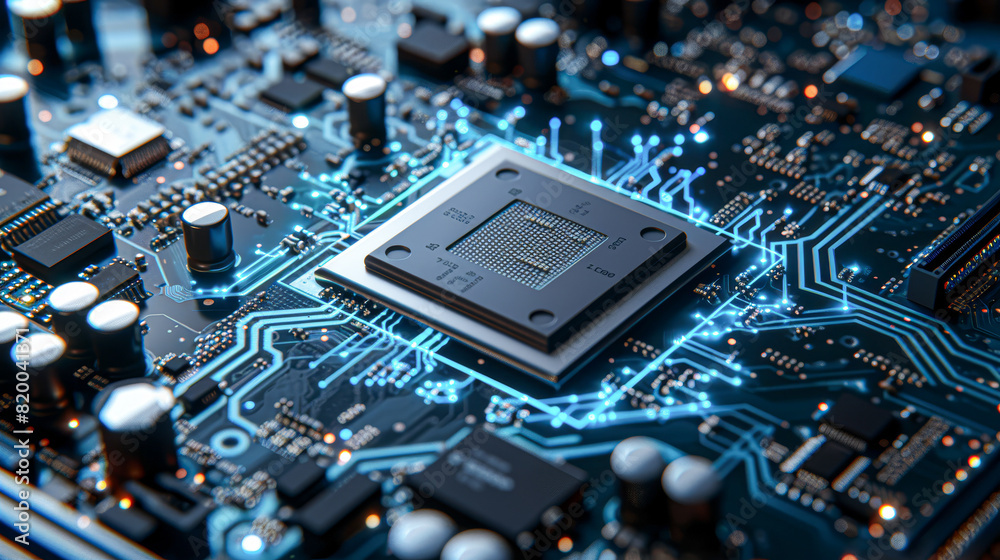 the central processor unit (CPU) at the core of a motherboard, with electric blue currents and data streams flowing around it the central processor unit (CPU) at the core of a motherboard, with electric blue currents and data streams flowing around it