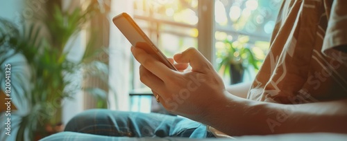 Close up of young man hands using smartphone