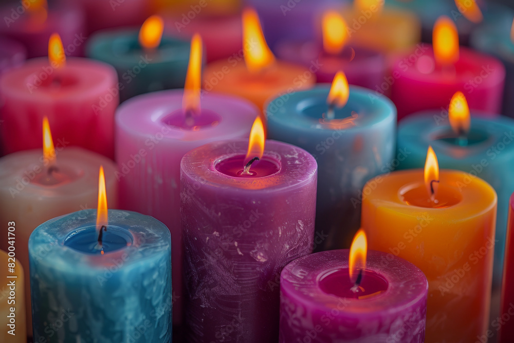Colorful Lit Candles Creating a Warm and Calming Atmosphere with Bright Flames