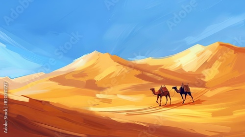 camel trekking through vast desert landscape golden sand dunes clear blue sky arabian adventure digital painting illustration