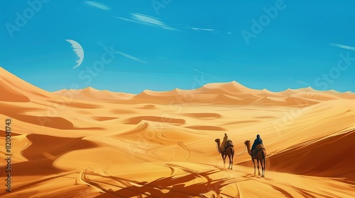 camel trekking through vast desert landscape golden sand dunes clear blue sky arabian adventure digital painting illustration