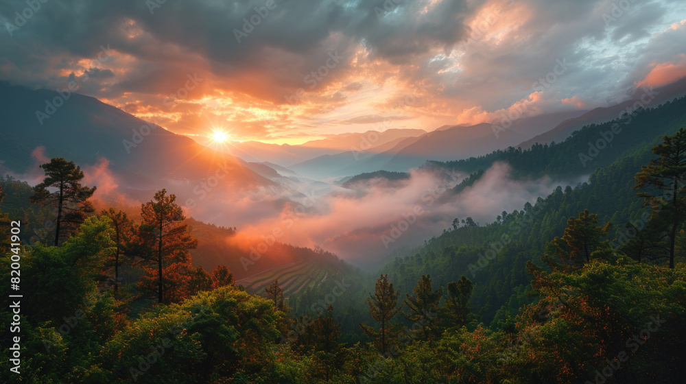 Obraz premium Mountain Sunrise and Sunset Panorama with Fog and Forest Views
