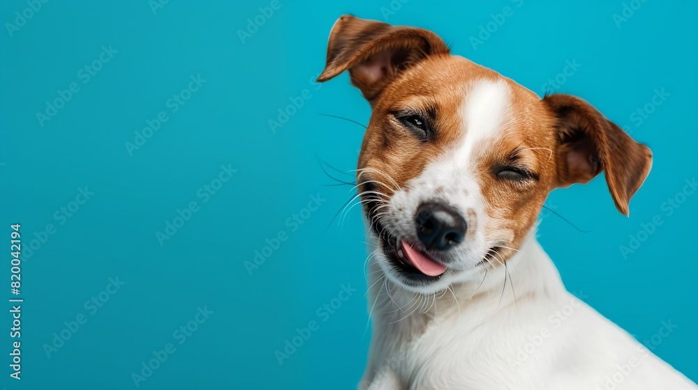 Happy dog puppy winking an eye and smiling on colored blue background with closed eyes : Generative AI Happy dog puppy winking an eye and smiling on colored blue background with closed eyes : Generative AI
