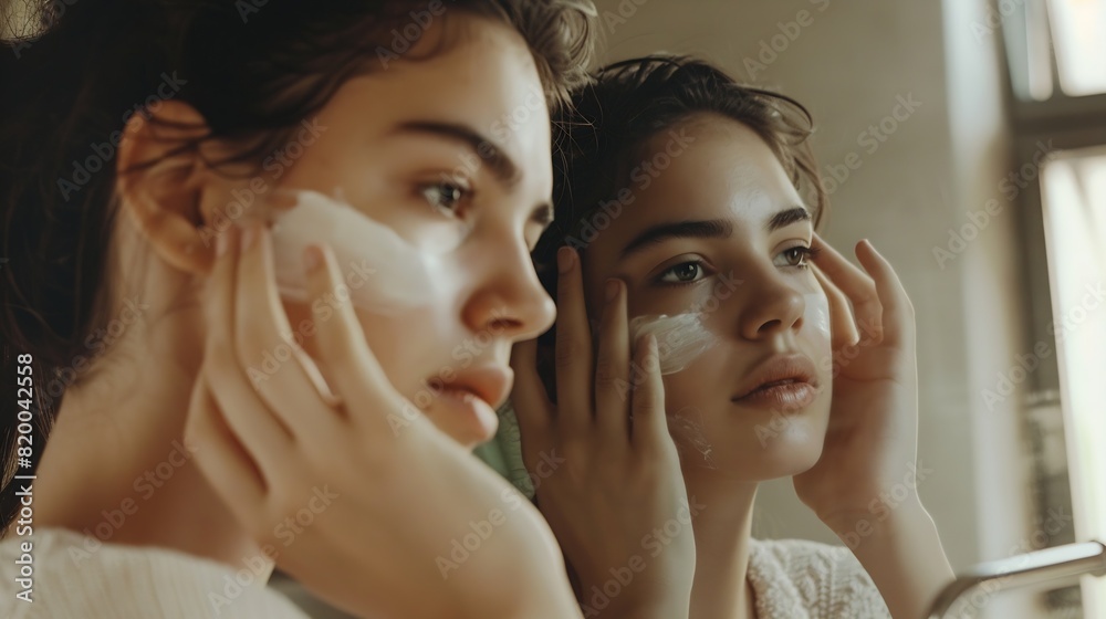 Pretty young woman touching and examining her face skin while looking in mirror Beautiful latin woman enjoying hydrated skin in her bathroom Happy self loving girl enjoying her natural : Generative AI Pretty young woman touching and examining her face skin while looking in mirror Beautiful latin woman enjoying hydrated skin in her bathroom Happy self loving girl enjoying her natural : Generative AI