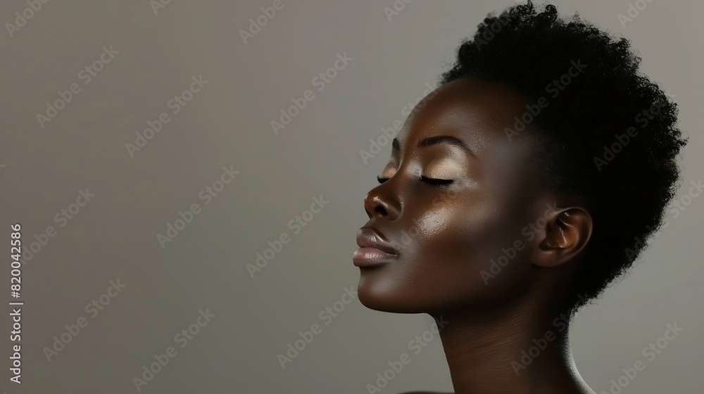Beauty black woman profile and skincare aesthetic with skin glow and cosmetics in a studio Dermatology facial and self care of a young person model feeling calm from cosmetic and detox : Generative AI