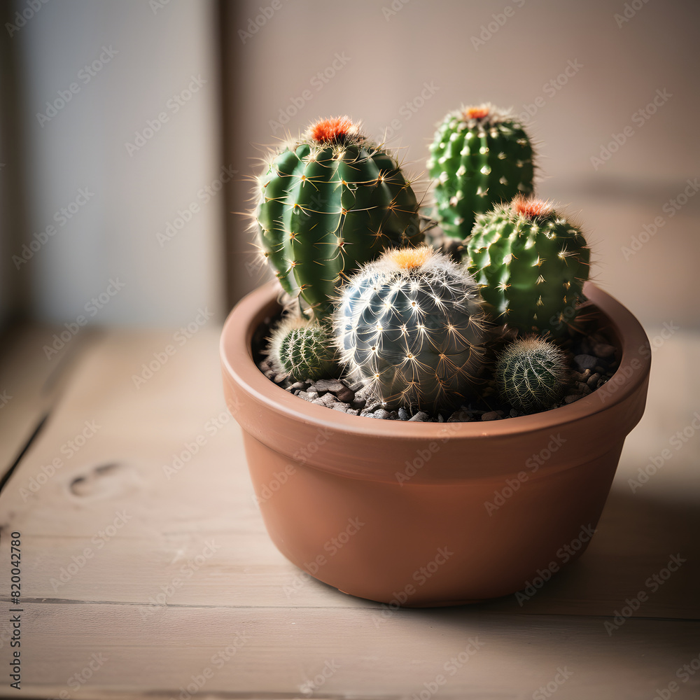 a pot of cactus on a wooden table a pot of cactus on a wooden table