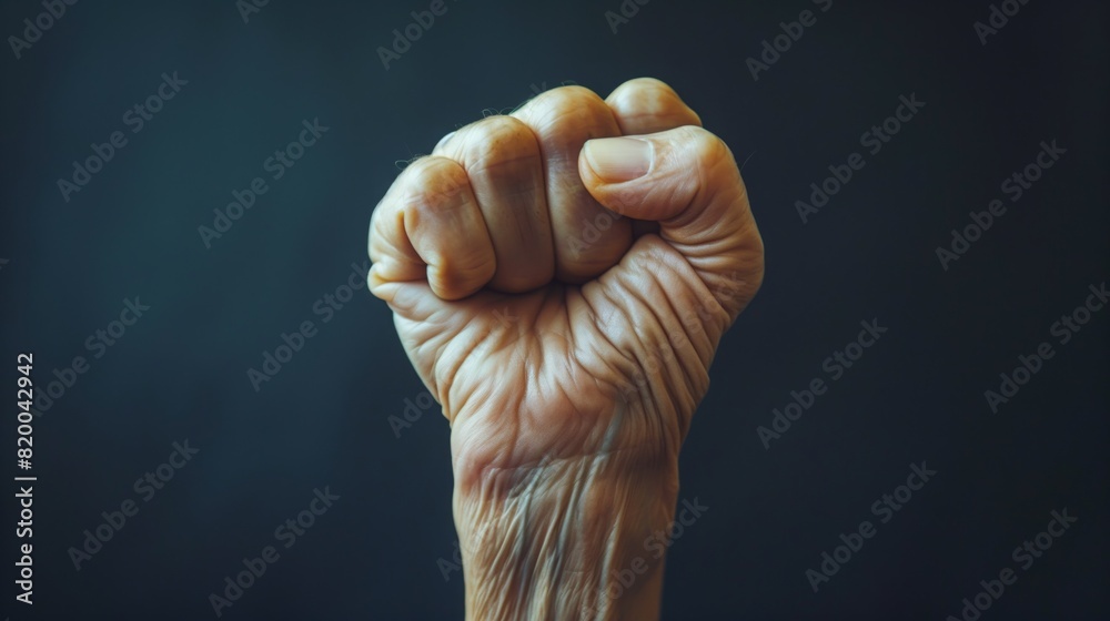 A mans fist is raised, showing determination and strength A mans fist is raised, showing determination and strength