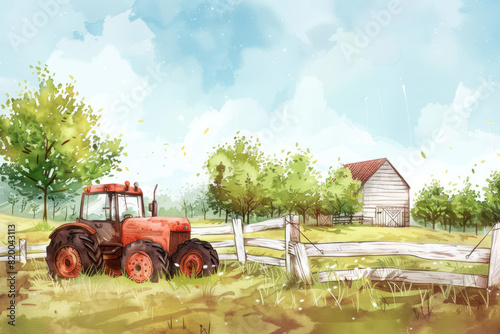 watercolor of tractor and garden, illustration painting