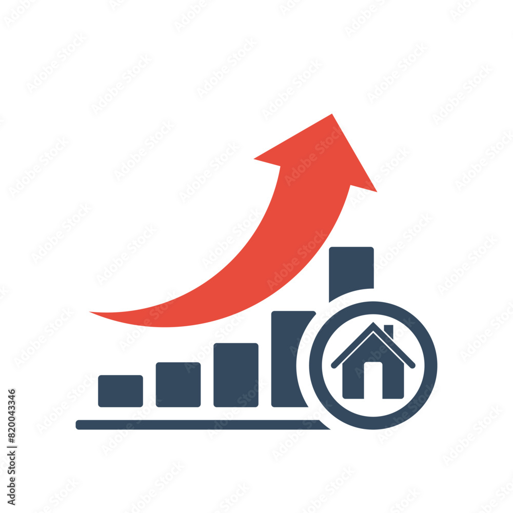 bar chart with rising exponential trend and red arrow, real estate market negative dynamic concept, house price positive indicator bar chart with rising exponential trend and red arrow, real estate market negative dynamic concept, house price positive indicator