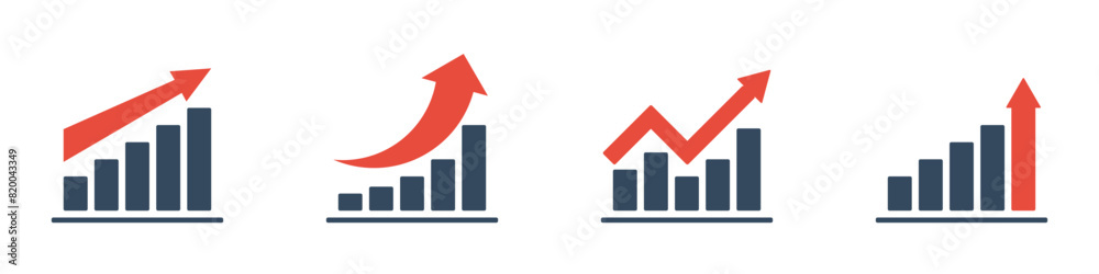bar chart with rising trend and red arrow, negative or positive dynamic concept, 4 different vector icon, market or economical indicators bar chart with rising trend and red arrow, negative or positive dynamic concept, 4 different vector icon, market or economical indicators