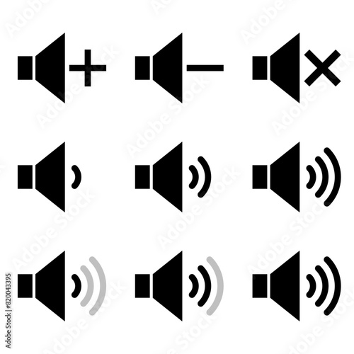 volume control icons set, sound level pictogram, increase decrease voice sign, vector illustration set