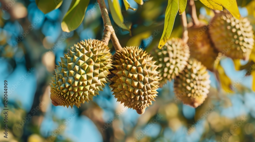 durian fruits are hanging on a tropical tree in the garden durian fruits are hanging on a tropical tree in the garden