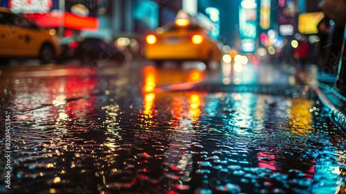 City street at night with colorful reflections on wet pavement and blurred lights. Photography for design and print. Urban nightlife and rainy evening concept. Design for poster, wallpaper photo