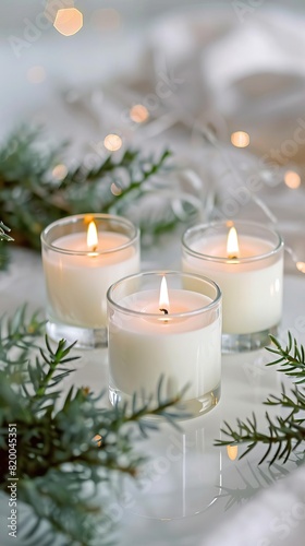 scented candles on a pure white background, composition on the right, geometric decoration, clear reflections, forest elements