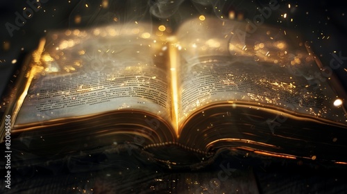 Magical open book with ancient pages, glowing softly, telling an enchanting story