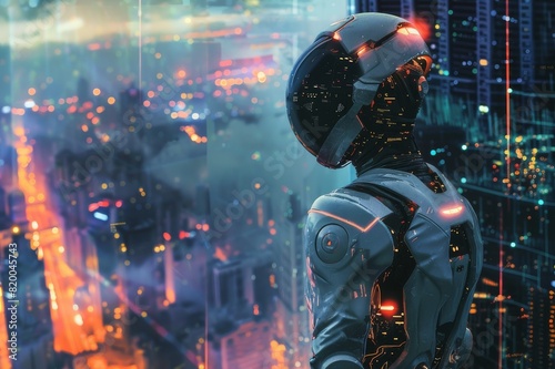 a hacker in a futuristic cybernetic suit