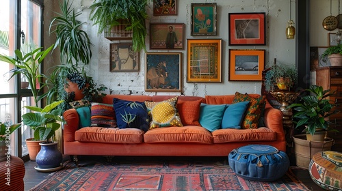 Modern living room, eclectic boho: vibrant colored sofa, eclectic patterned rug, textured throw pillows, wall gallery © Rando