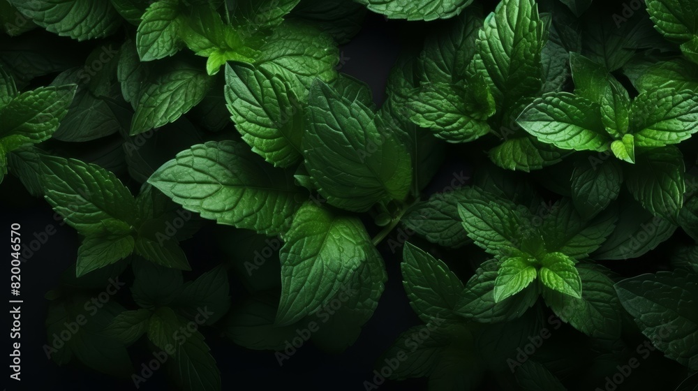 mint leaves from top view in dark background. mint leaves from top view in dark background.