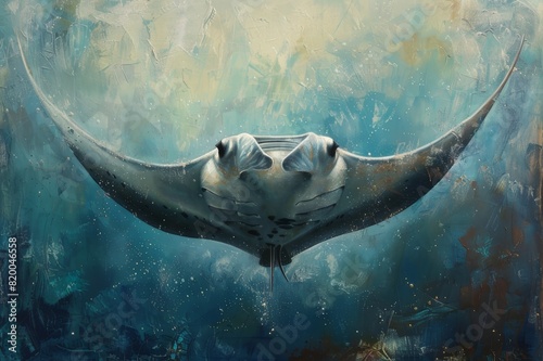 A painting of a stingray, likely a round stingray, swimming gracefully in a clear blue ocean. The stingray has a diamond-shaped body with a pointed snout and a long photo