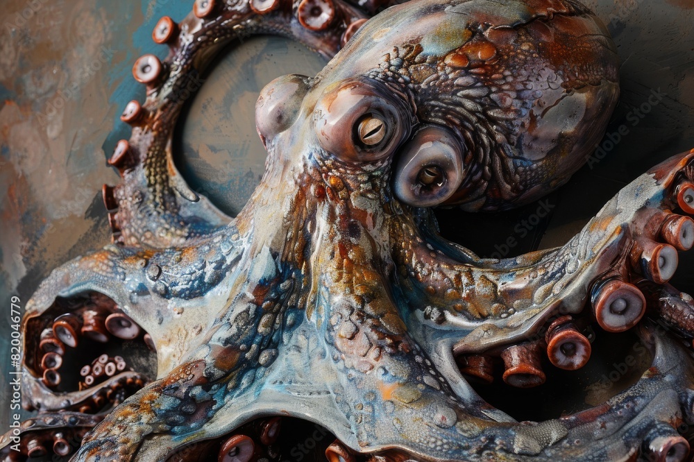 A close-up photo of an octopus on a rough, weathered concrete wall. 