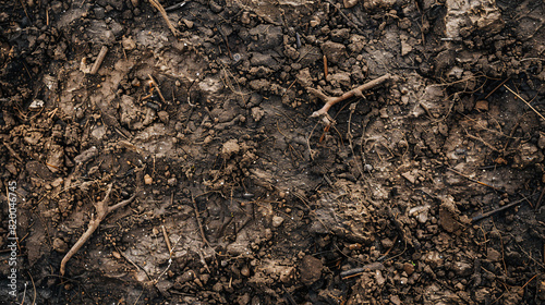 Close-up overhead shot of moist peaty soil, showing the intricate details of decomposed vegetation and organic content, perfect for backgrounds emphasizing fertility and natural growth