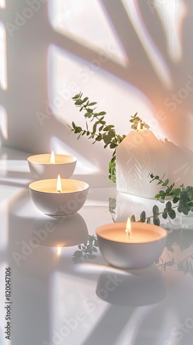 scented candles on a pure white background  composition on the right  geometric decoration  clear reflections  forest elements