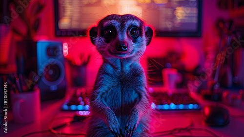 Curious meerkat takes charge at the computer, exploring the digital world with a vigilant gaze and a hint of playfulness.