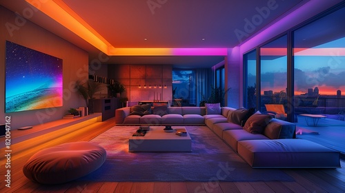 Modern living room, artistic smart home: Art pieces, sleek sofa, smart coffee table, smart light panels