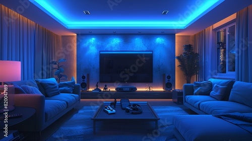 Virtual reality modern living room: sofa, large VR-ready screen, smart storage for VR equipment, smart lighting and sound © Rando