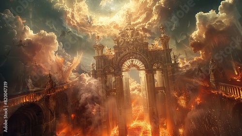 Heavenly paradise above with golden gates and angelic figures, fiery hell below with lava rivers and tormented souls, Heaven and Hell concept