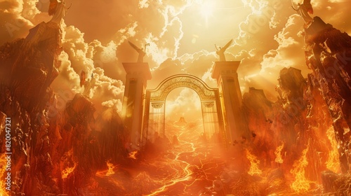 Heavenly paradise above with golden gates and angelic figures, fiery hell below with lava rivers and tormented souls, Heaven and Hell concept