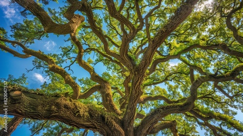 Grand oak tree from beneath  branches forming a lush canopy against a brilliant blue sky  essence of paradise captured