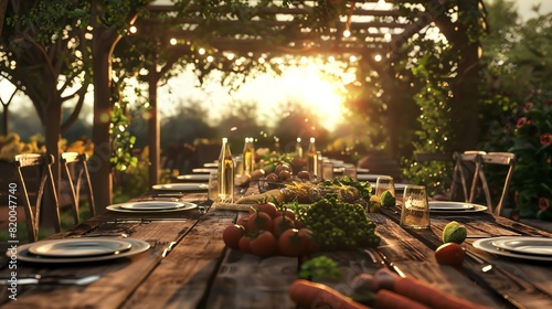 Farmtotable dinner outdoor setting long wooden table fresh vegetables soft sunset light wideangle shot