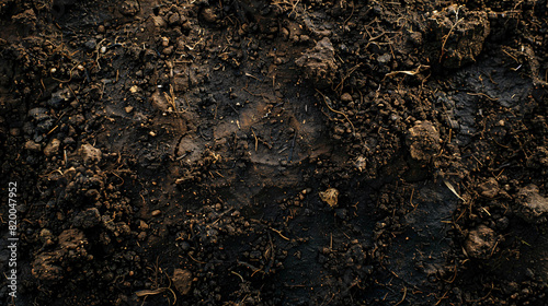Close-up overhead shot of moist peaty soil, showing the intricate details of decomposed vegetation and organic content, perfect for backgrounds emphasizing fertility and natural growth photo