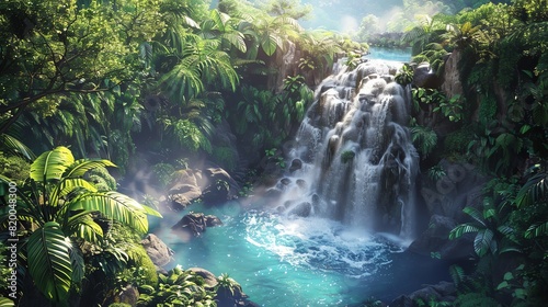 Waterfall cascading into a pool, highangle view, midday sun, mist rising, vibrant blues and whites, lush greenery