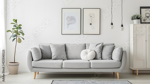 Grey settee near white cupboard in minimal living room interior with posters on the wall Real photo : Generative AI photo