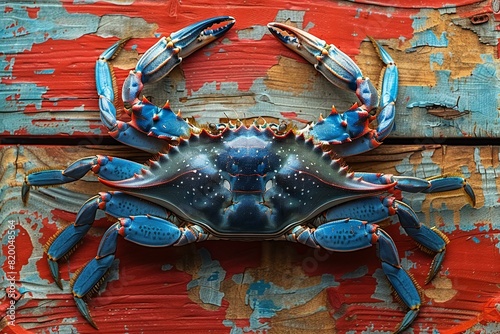 Blue painted crab on old wooden background, high quality, high resolution photo