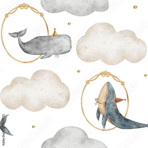 Seamless pattern blue whale, sperm whale in vintage frames flying in the clouds. Watercolor children's illustrations for textiles, fabrics, packaging, cards, posters