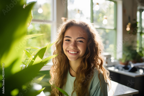 Teen girl with braces in a dental office for a follow-up appointment, with a background of green plants and a large window Generative Ai,