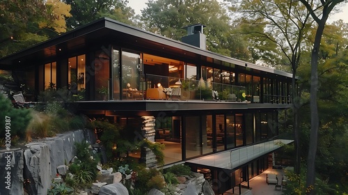 Contemporary Luxury Home with Large Windows and Landscaped Yard in a Serene Neighborhood - Modern Architecture and Stylish Design for Comfortable Family Living