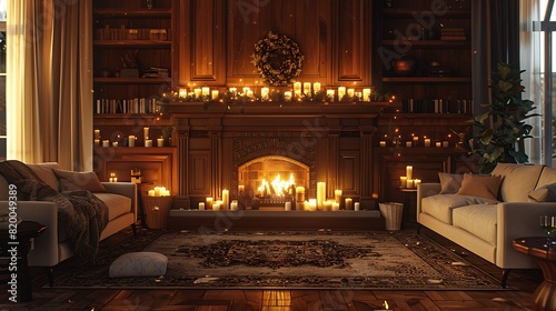 A living room with a fireplace  the mantel adorned with candles  and a cozy sofa perfect for a quiet evening.
