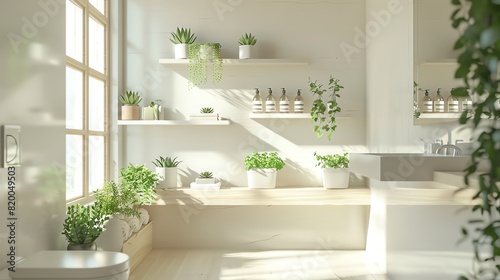 Minimalist bathroom with watersaving fixtures  succulent plants on shelves  soft natural light through frosted windows  wideangle shot