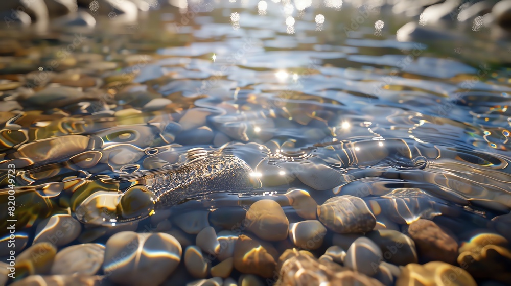Obraz premium Mountain stream with clear water, midangle view, morning light, pebbles visible through water, crisp and cool tones