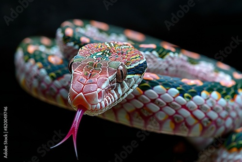 Digital artwork of  snake with colorful stripes and pink tongue is displayed against a black background