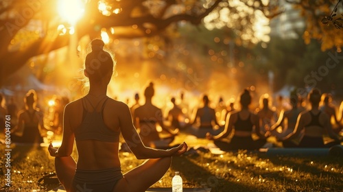 Image of a yoga group in a park during early morning sunlight, with participants in dynamic poses and peaceful expressions, surrounded by yoga mats and water bottles.