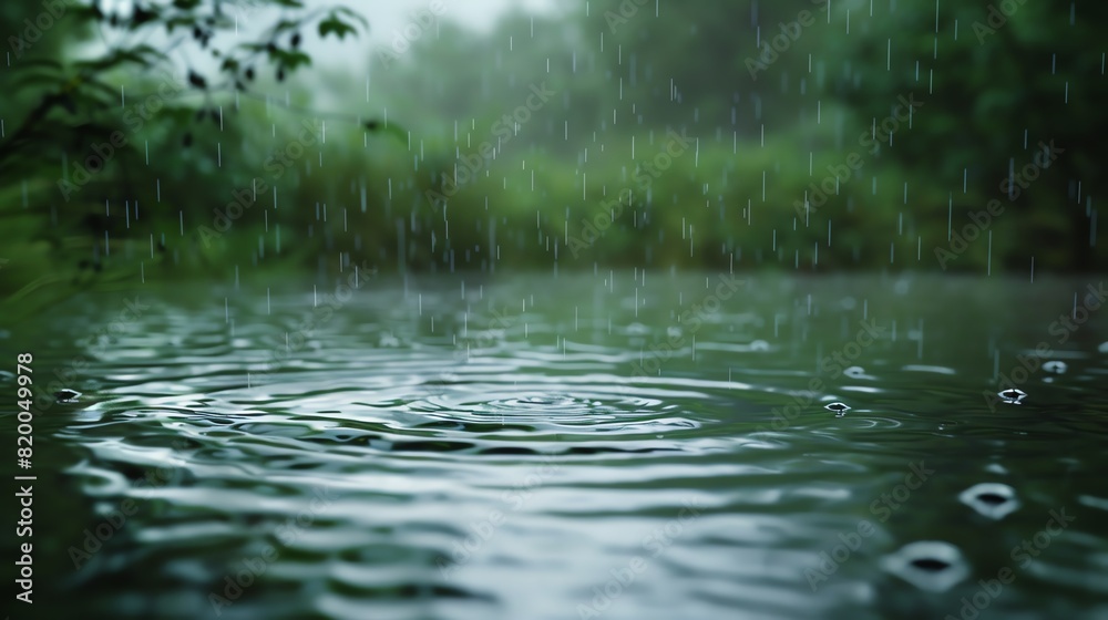 Rain droplets on a pond, macro shot, overcast day, rippling water, muted grays and greens, serene atmosphere Rain droplets on a pond, macro shot, overcast day, rippling water, muted grays and greens, serene atmosphere