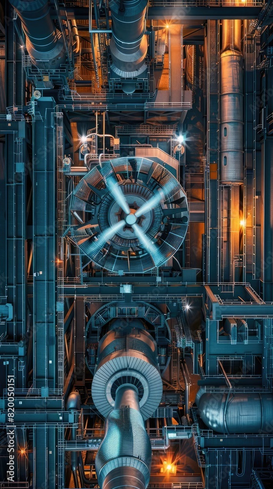 Illustrate a power plant with turbines generating electricity, industrial theme, top view, representing energy production, cybernetic tone, Complementary Color Scheme